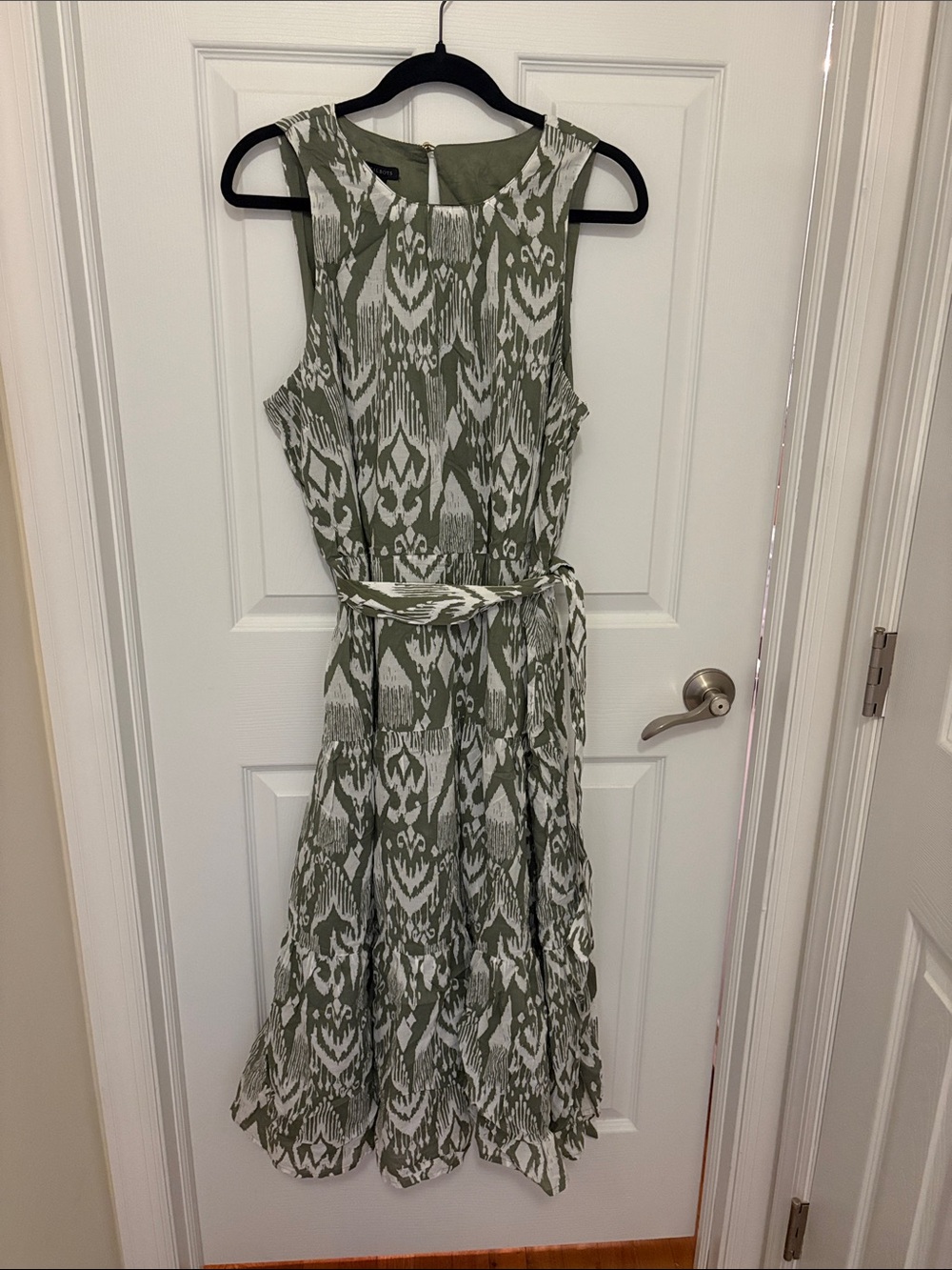 Talbots Olive & White Ikat Tie-Waist Midi Dress - Picture 2 of 7